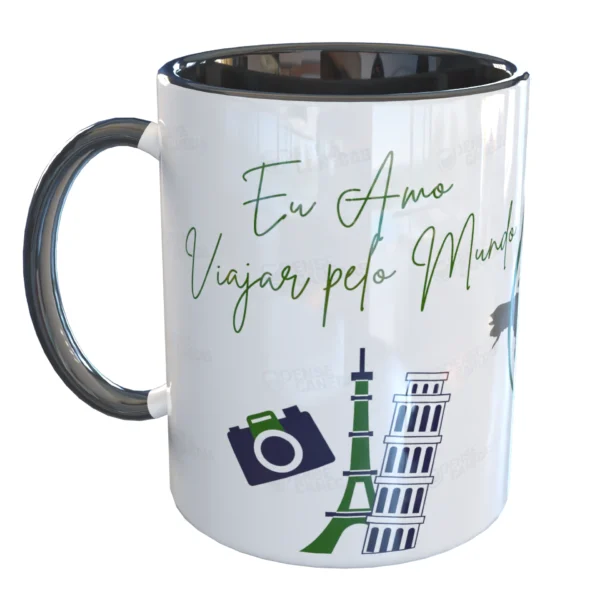 Caneca Mapa Mundi Eu amo viajar